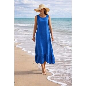 Terzo Millennio Blue Linen Sleeveless Midi Dress Made in Italy Size‎ M